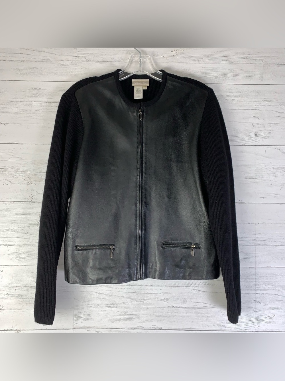 Coldwater Creek Black Full Zip Leather & merino wool Jacket Cardigan women's S
